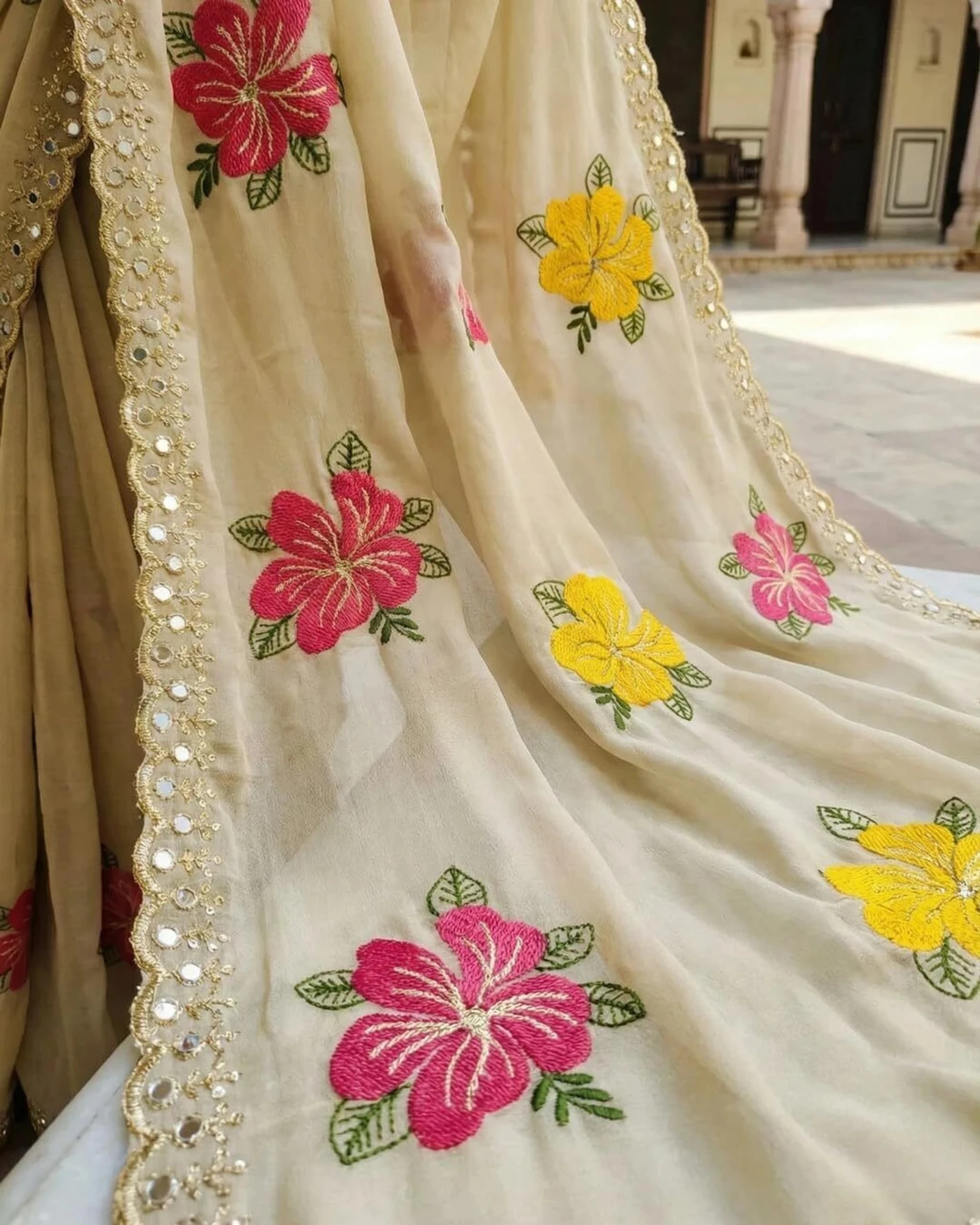 Srutva fashion Embroidered, Floral Print Bollywood Art Silk Saree (Beige) image 3