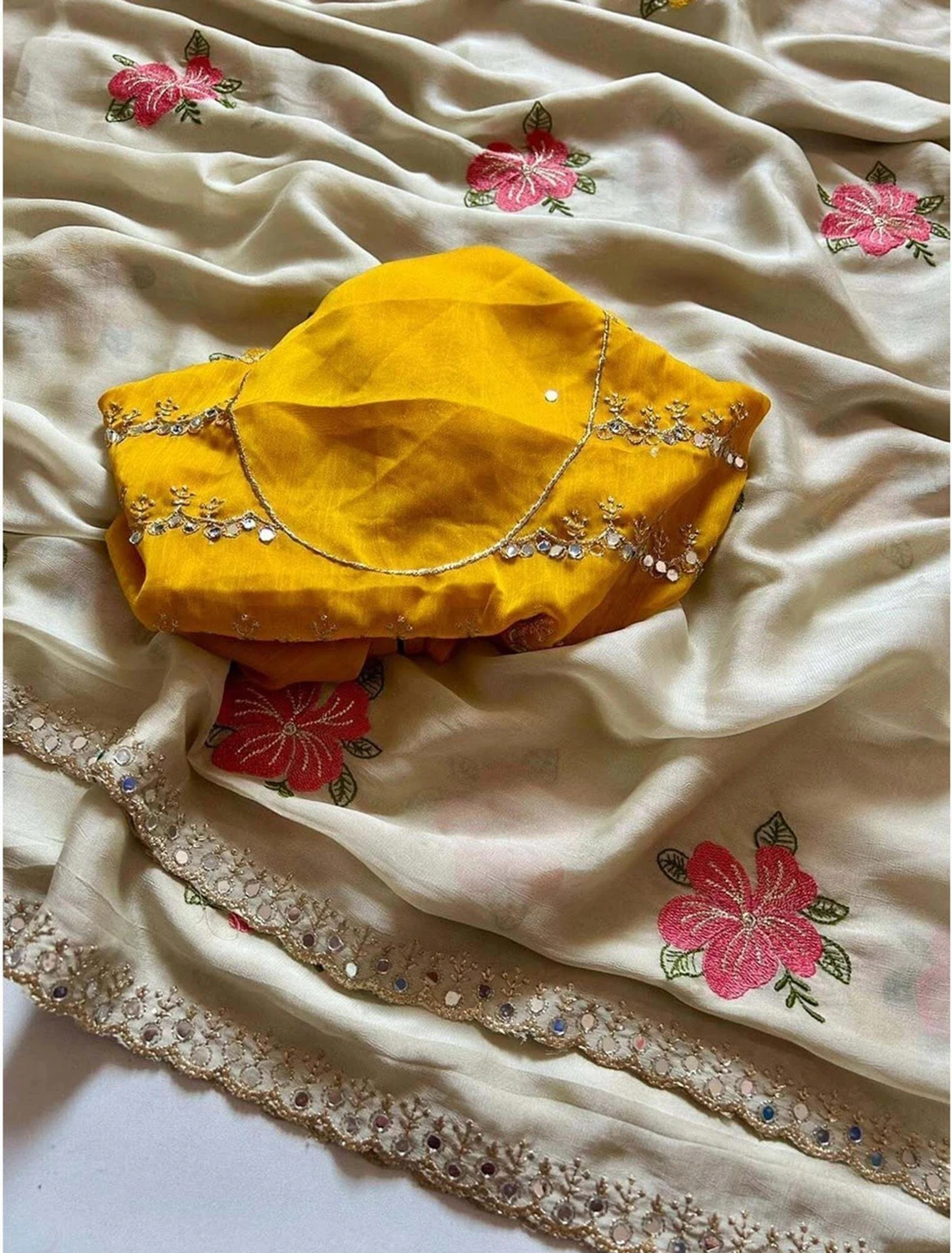 Srutva fashion Embroidered, Floral Print Bollywood Art Silk Saree (Beige) image 4