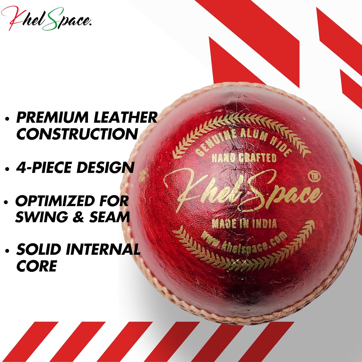 KS-20 4 Piece Leather Cricket Ball Red | Hand-Stitched Professional Grade | Durable for Test, ODI, T20 & Practice Matches | Swing & Seam Optimized | Premium Shine|Pack of 1 Cricket Ball image 2