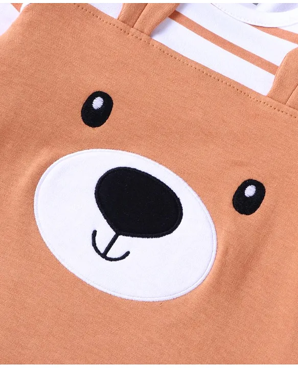 Babyhug Cotton Knit Full Sleeves Striped Sleep Suit With Teddy Bear Print & Ear Applique - Light Brown image 2
