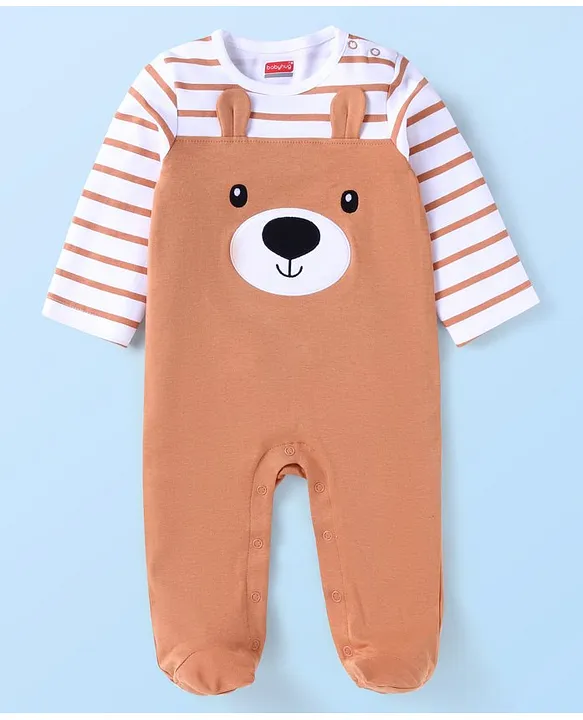 Babyhug Cotton Knit Full Sleeves Striped Sleep Suit With Teddy Bear Print & Ear Applique - Light Brown image 3