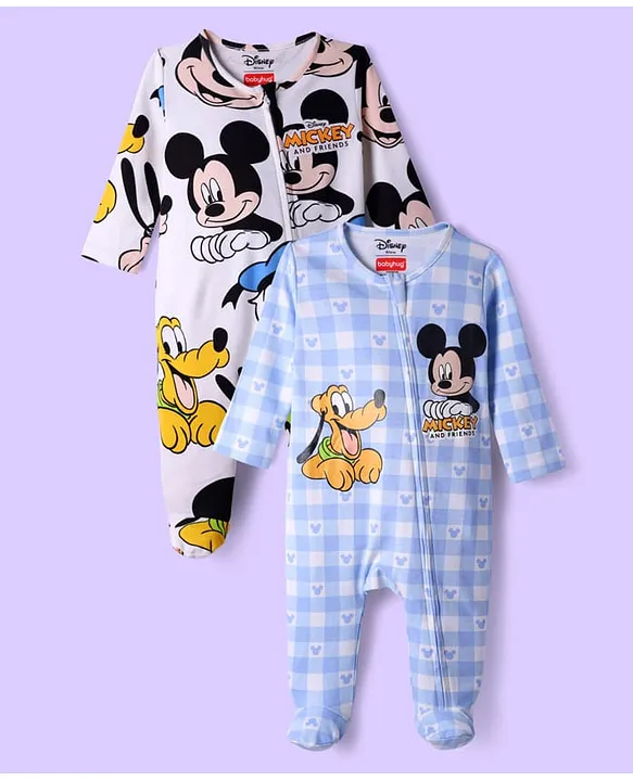 Babyhug Disney 100% Cotton Full Sleeves Footed Sleepsuit With Mickey & Friends Graphic Pack Of 2 - Multi Colour