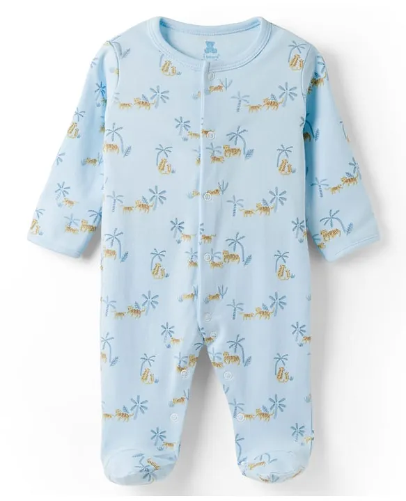 I Bears Interlock Knit Full Sleeves Footed Sleep Suits With Tiger Print - Multicolor image 3