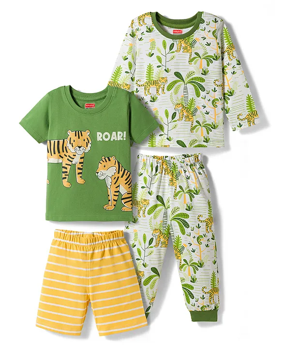 Babyhug Cotton Knit Full Sleeves T-Shirts & Pyjama & Shorts Night Suit with Jungle Safari Theme Print Pack of 2 - Green & White