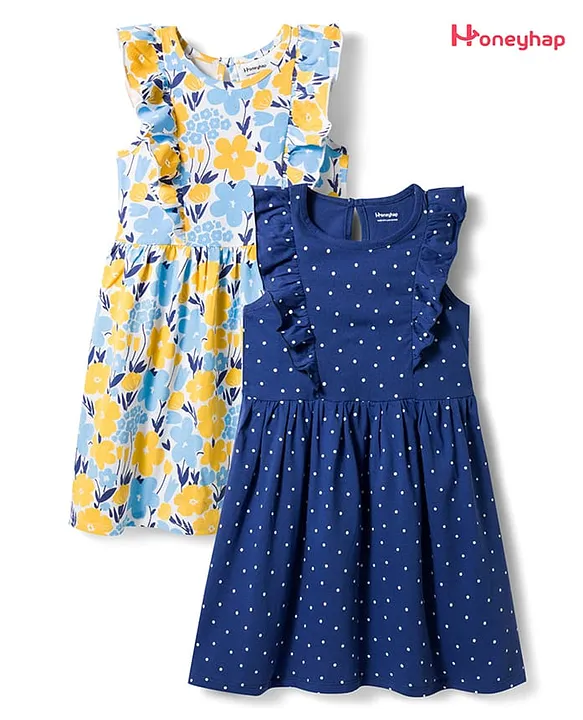 Honeyhap Premium 100% Cotton Knit With Bio Finish Frill Sleeves Frocks With Floral & Polka Dot Print Pack of 2 - Bright White & Limoges Honeyhap Premium 100% Cotton Knit With Bio Finish Fril