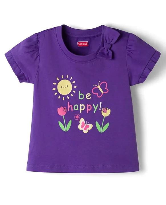 Babyhug Cotton Knit Half Sleeves Floral & Polka Dots Printed T-Shirt & Shorts Night Suit - Purple