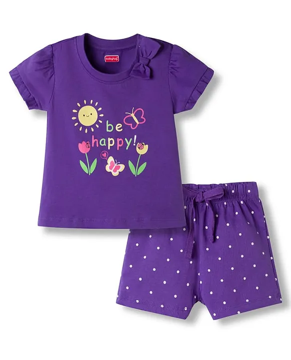 Babyhug Cotton Knit Half Sleeves Floral & Polka Dots Printed T-Shirt & Shorts Night Suit - Purple image 2