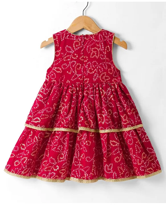 Babyhug Georgette Woven Sleeveless Ethnic Dress With With Bandhani Print & Shrug - Red