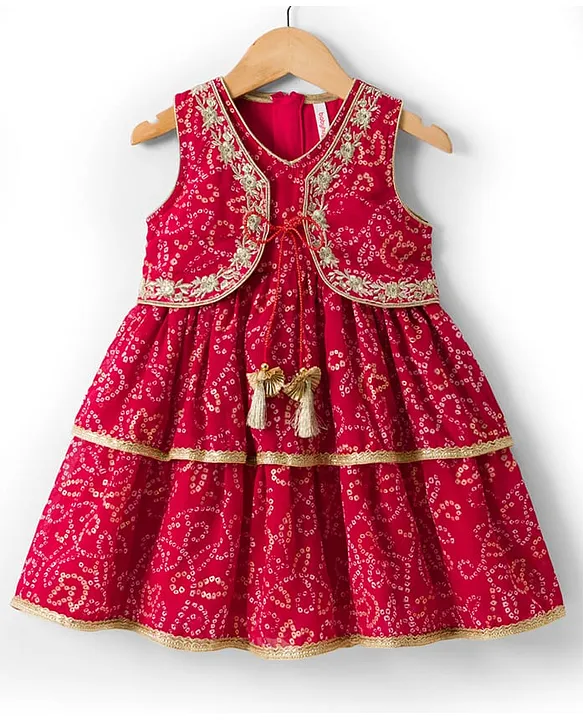 Babyhug Georgette Woven Sleeveless Ethnic Dress With With Bandhani Print & Shrug - Red image 2