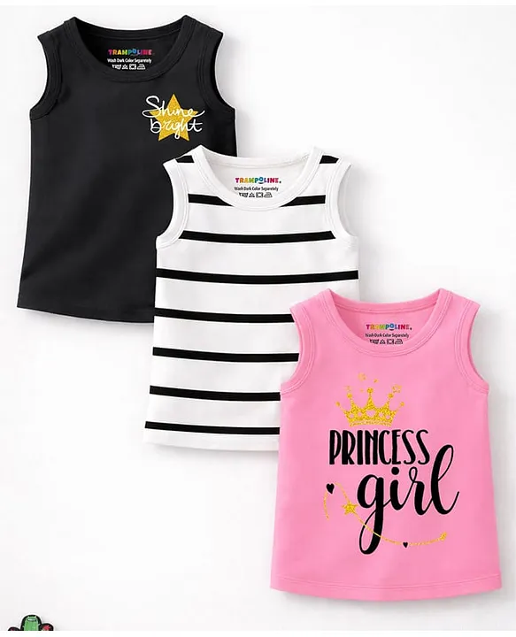 Trampoline Cotton Blend Knit Pack Of 3 Sleeveless Striped & Princess Girl Text Printed Tees - Multi Colour image 2