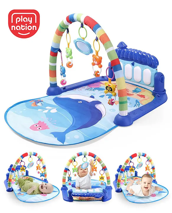 Play Nation Premium Baby Kick and Play Piano Blue Play Gym with Lights,  Music  and 5 Hanging Rattles| Aquatic Theme Play Mat Carpet with Musical Keyboard| Activity Portable Playmat Gifting 